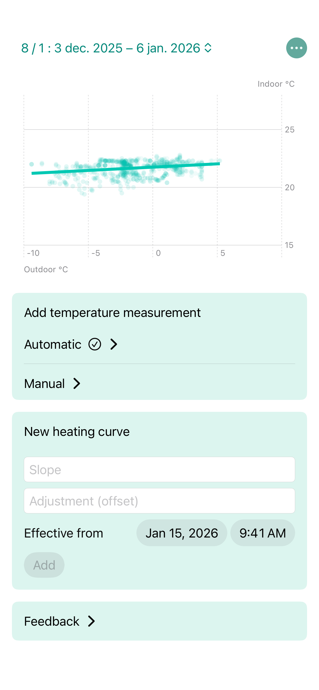 Heating Curve app showing temperature data and chart